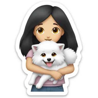 Japanese spitz dog hug black hair girl sticker