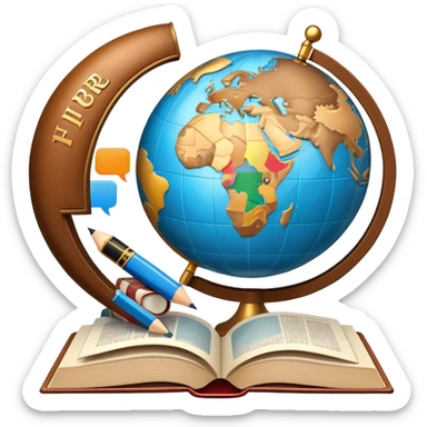 An icon featuring a globe with speech bubbles in different languages, symbolizing the study of foreign languages. The design includes a book and a pencil, representing learning and communication across cultures. Transparent background highlights the global nature of language education. sticker
