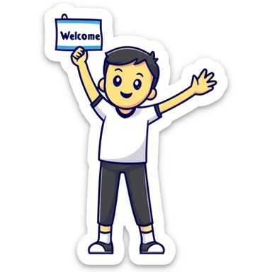 colorful sticker of a waving character with a 'Welcome!' banner sticker