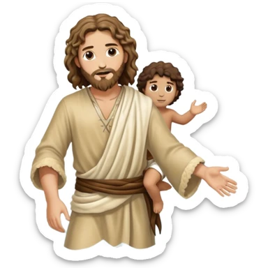 wavy hair John the Baptist, animal skin clothes, meets same age Jesus in the water, they have clothes on sticker