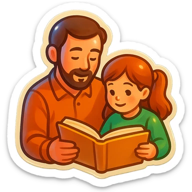 dad and daughter reading a book together, sticker style, cozy and sweet sticker
