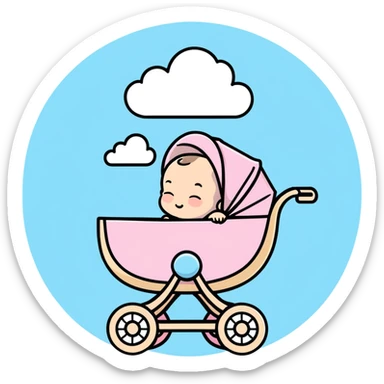 peaceful sleeping baby with closed eyes in pink and beige stroller with pastel blue clouds decoration sticker