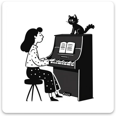 woman playing piano while her cat sits on top of the piano sticker