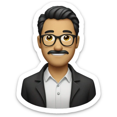 a man with a ponytail, round glasses and thin moustache sticker