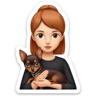 A girl holding a miniature pinscher sticker