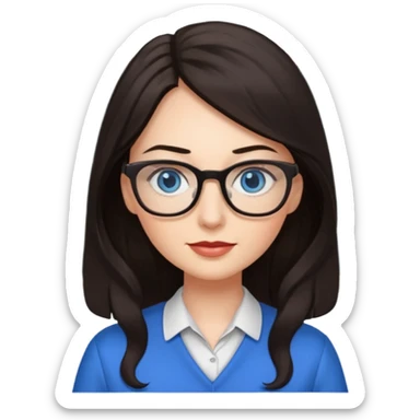 long dark hair, blue eyes, glasses teacher female, eyelashes sticker