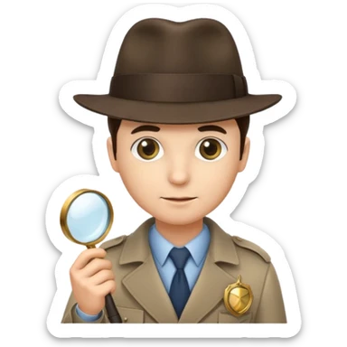 a detective with a hat, a magnifying glass and a badge sticker