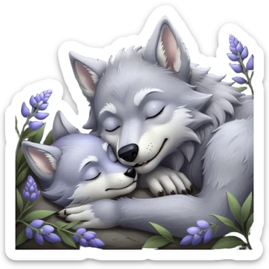 Meme-Worthy Cute Sleeping Werewolf Portrait Emoji, with a cuddly, miniature lupine form in soft moonlit grays and silvers, head resting peacefully with gently closed dreamy eyes and a small, content smile, simplified yet irresistibly endearing, highly detailed with a soft glowing outline that captures the cozy, sleepy essence of a werewolf after frolicking under the full moon! sticker