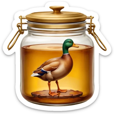 confit de canard in a clear glass jar with 1 or 2 duck legs in golden duck fat, cooked meat with golden skin visible, rustic jar with wide mouth and metal or glass lid, smooth semi-opaque fat, clean 3D look, soft lighting, no labels, no faces, emoji scale sticker