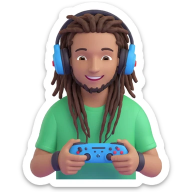 emoji of a smiling guy with dreads, wearing a gaming headset, holding a controller sticker