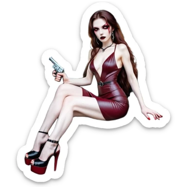 Lilith red eye seductress evil long brown haired sexy succubus woman with leather long dress with slit on, sitting in Big Large F350 pickup truck. Wearing super tall black platform high heels, Back seat full of stacks of cash, she is  Holding a human skull of her enemies and a gun in other hand sticker