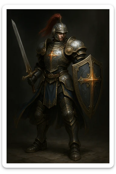 Final Fantasy XI Paladin, full armor, sword and shield, heroic pose, detailed, fantasy game style sticker