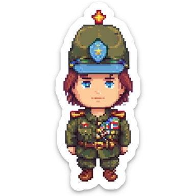 8-bit pixel art of a Turkish general resembling Kenan Evren, military hat, medals, retro video game style sticker
