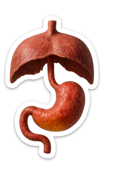 stomaco umano anatomico infiammato con acido giallo all'interno fluttua in aria insieme ad un diaframma umano, iperrealistico 4k, isolato su sfondo bianco sticker