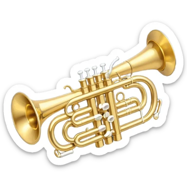 “Flat vector icon of a golden side-view trumpet with mouthpiece, bell, and three valves, thick outline, centered on a deep navy blue rounded-square (or circle); from the bell, 2–3 small white or light-blue music notes with dark outline emerge.  sticker
