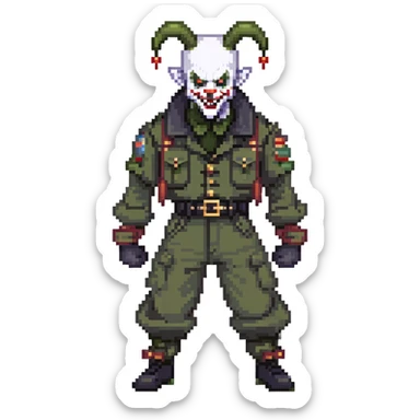 evil clown soldier, bald, short black devil horns on forehead, fangs, pointed ears, black and military green clothes with bellbottom pants, realistically proportioned, less bulky, full body, fighting stance sticker