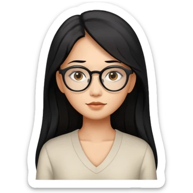 medium tan asian woman with long black hair past middle of back, round brown eyes, white v neck blouse. she has black thick frame glasses on. sticker