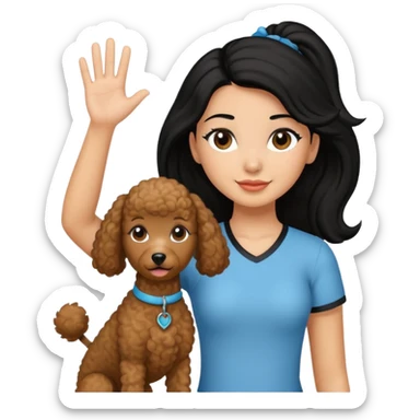 Ponytail black hair girl with brown Poodle say goodbye  sticker