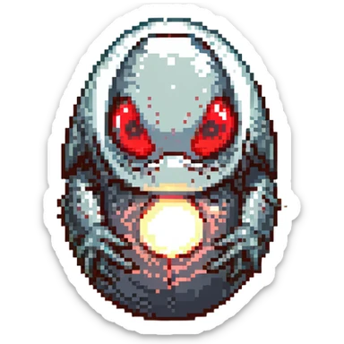 a strange large transparent alien egg, floating inside with a visible creature inside, embryo, embryonic, fetal shape, primordial, 3 glowing red eyes, illuminated from above, shining glass egg sticker
