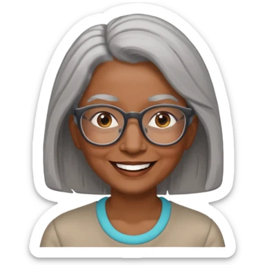Older woman of color with gray shoulder length  hair and glasses and smiling sticker