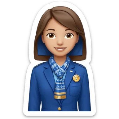 Young girl, straight hair, wearing uniform jacket with hotel name badge, tasteful scarf, stand behind the desk

 sticker