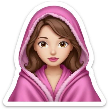girl with long wavy brown hair, brown eyes, long lashes makeup, sexy pink lips, light to medium complexion, wearing a pink sexy silk top, big blanket over the head cozy  sticker