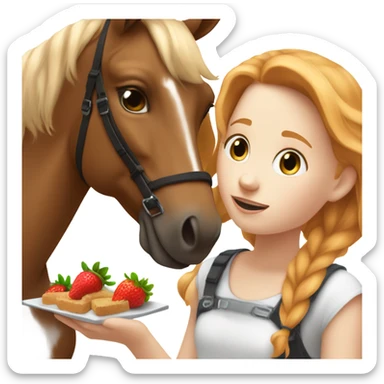 White teen girl with strawberry blonde hair giving a treat to a brown and white horse sticker