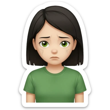 Young girl with straight, dark hair, damaged and unattractive, wearing a green T-shirt, with a sad and subdued expression. sticker