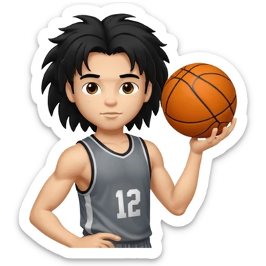generate a pretty fair bratz boy with a long messy mullet (black hair), carrying a basketball in one hand. Smirking .  Lean but biceps sticker