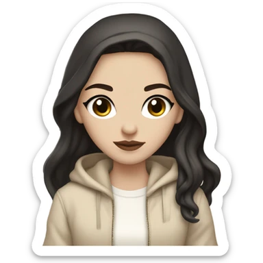cool pale skinned girl with a bit wavy long black hair, dark brown hooded eye and clean girl make up in a beige and white old money outfit sticker