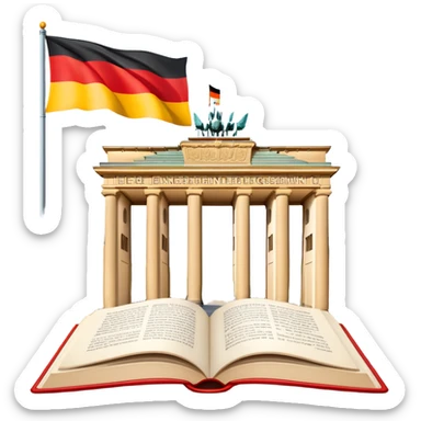 An icon featuring the Brandenburg Gate and the big flag of Germany, symbolizing the German language. The design includes an open book with German text representing language learning and German culture. Transparent background highlights the essence of German heritage. sticker