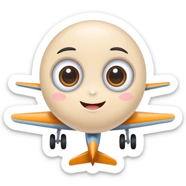 Create a single cute cartoon airplane sticker, with big eyes and a happy expression, soft pastel colors, rounded simple shapes, thick white outline, kawaii style, transparent background, flat vector design, playful and light mood sticker