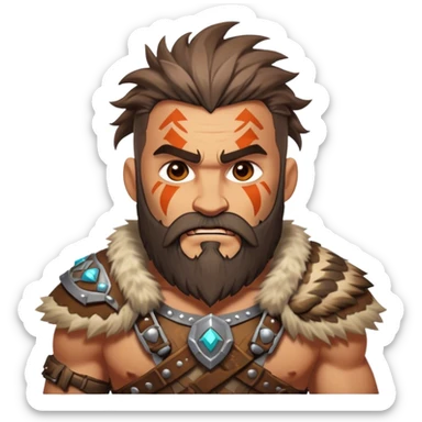 Clash of Clans style: Cinematic Rugged Barbarian Portrait Emoji, Intense and formidable with a stylized build, a rugged beard and expressive eyes, adorned in playful, battle-worn furs and cartoonish armor with tribal markings, Simplified yet powerfully detailed features, highly detailed, glowing with a deep, adventurous energy, high shine, spirited and determined, stylized with an air of raw, untamed power, soft glowing outline, capturing the essence of a barbarian warrior ready to lead epic quests! sticker