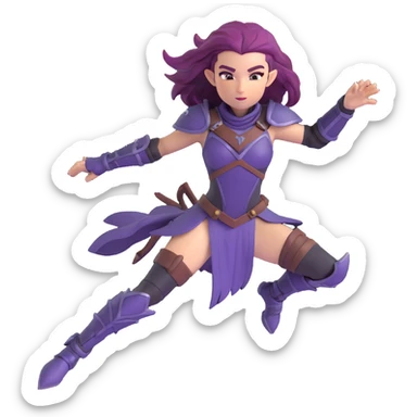 mysterious warrior girl with flowing purple hair, dressed in black armor, leaping forward in an action pose sticker
