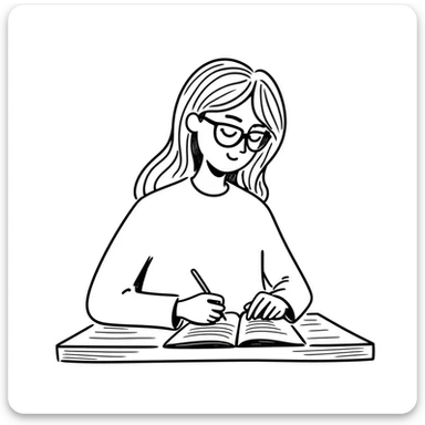 blonde woman wearing glasses, writing in a notebook sticker