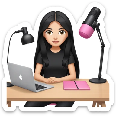 tanned long black hair woman, sat at desk with pink MacBook, podcast microphone black top and pink, sexy, glass table sticker