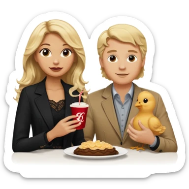 Love tan woman long wavy blonde hair and black lace  with blonde man Brown shade jacket eating chick filet  sticker