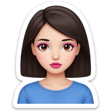 Dark brown haired girl with black eyes and lips between the shades of pink and red. A cute and clean makeup along with a blue top  sticker