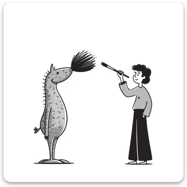 A paintbrush morphing into a metal human figure sculpture, representing artistic identity, with sculptural texture and dimension sticker