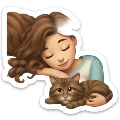 Brown-haired girl sleeping with her brown maine coon cat  sticker