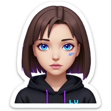 brown haired girl with a bob blue eyes wearing black hoody with violet letters "Lu", winks. Cyberpunk style. Violet neon. sticker