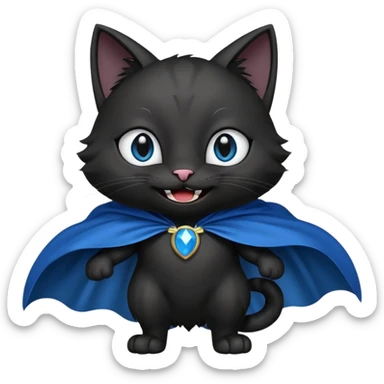 an all black anthropomorphic cat with blue eyes wears an all black cape and is smiling a mischievous sharp tooth grin sticker