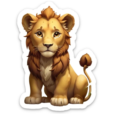 Cinematic Noble Lio Cub Portrait Emoji, Poised and regal, with a powerful, muscular build and a majestic, tawny mane, deep-set soulful amber eyes, Simplified yet sharp and sophisticated features, highly detailed, glowing with a warm, dignified glow, high shine, intelligent and fierce, stylized with an air of wild majesty, focused and attentive, soft glowing outline, capturing the essence of a watchful and confident king, so majestic it feels as though it could roar out of the screen with effortless authority! sticker