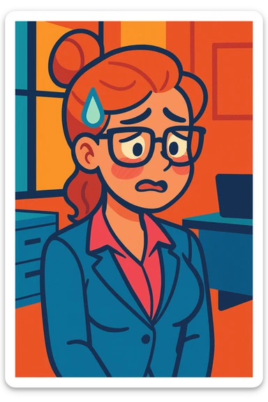 a hot office woman with glasses, a sweat drop coming down from her head, and an ashamed facial expression, vibrant cartoon style sticker