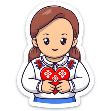 beautiful young girl in a white Ukrainian embroidered shirt clutching a large embroidered heart sticker