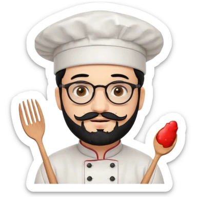 CHEF CON PIEL BLANCA, GORRO DE CHEF, PELO NEGRO Y BARBA NEGRA, OJOS MARRON OSCURO Y GAFAS DE PASTA NEGRAS. SONRIE Y TIENE MARCAS DE BESOS CON FORMA DE LABIOS EN LAS MEJILLAS (COMO MANCHAS DE PINTALABIOS) sticker