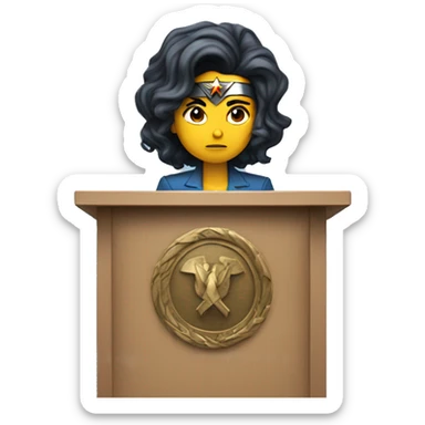 Gal godot wonder woman behind a podium giving a sad speech sticker