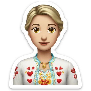 A Ukrainian woman in an embroidered shirt holds a heart in her hands sticker