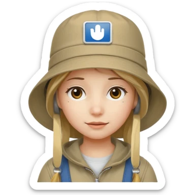 A girl with a khaki bucket hat on her head and a small detail in the form of a white rectangle with the inscription: "вйо до пригод" sticker
