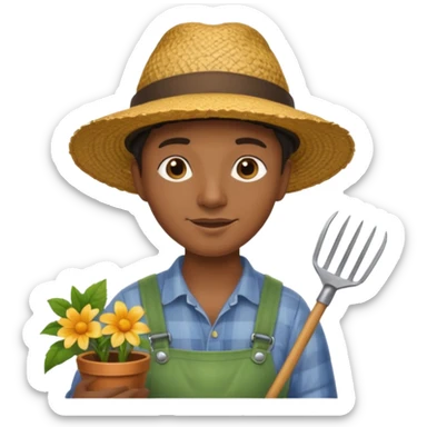 black gardener holding gardening tools, with hat sticker